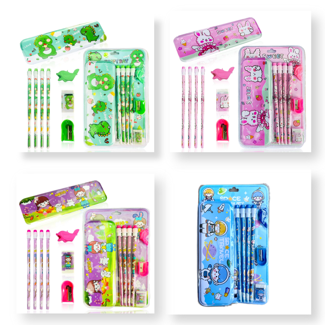 School Stationary Gift Set for Kids | Metal Pencil Box with 4 Pencils and Accessories | Cute Cartoon Design | Birthday Gifts, Return Gifts for Boy/Girl