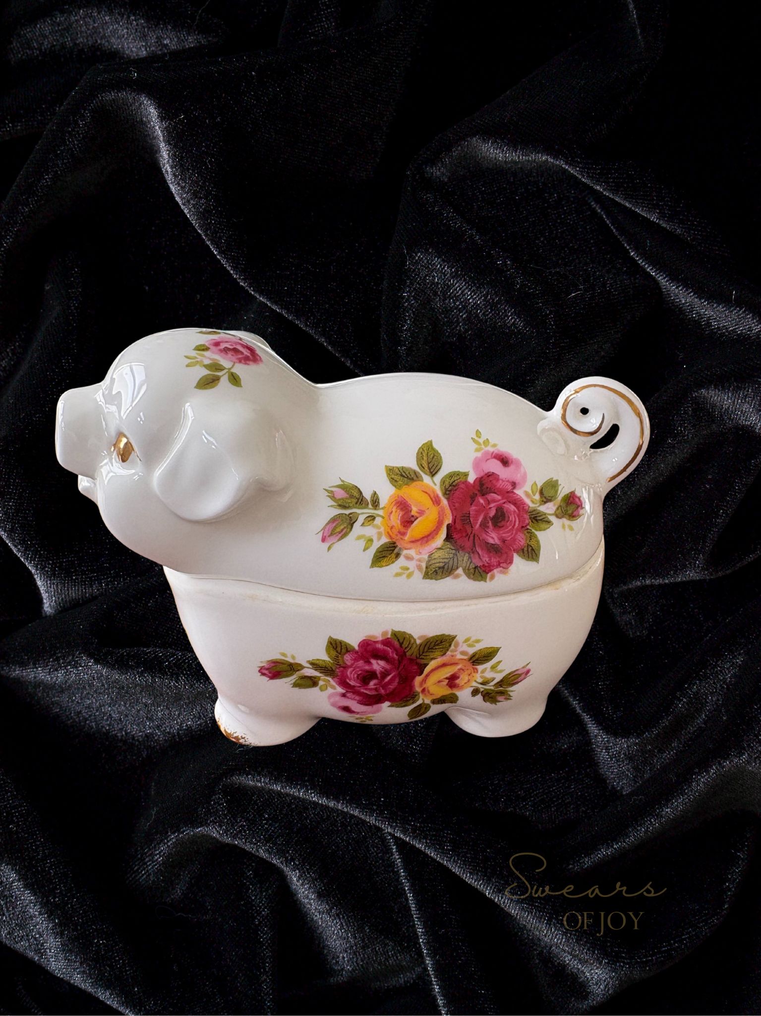 Set of Two Vintage Floral Pig Trinket Pots – “Pay” & “Roast?”