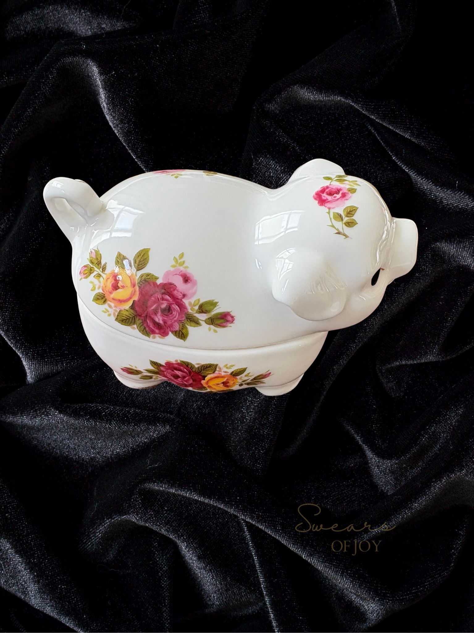 Set of Two Vintage Floral Pig Trinket Pots – “Pay” & “Roast?”