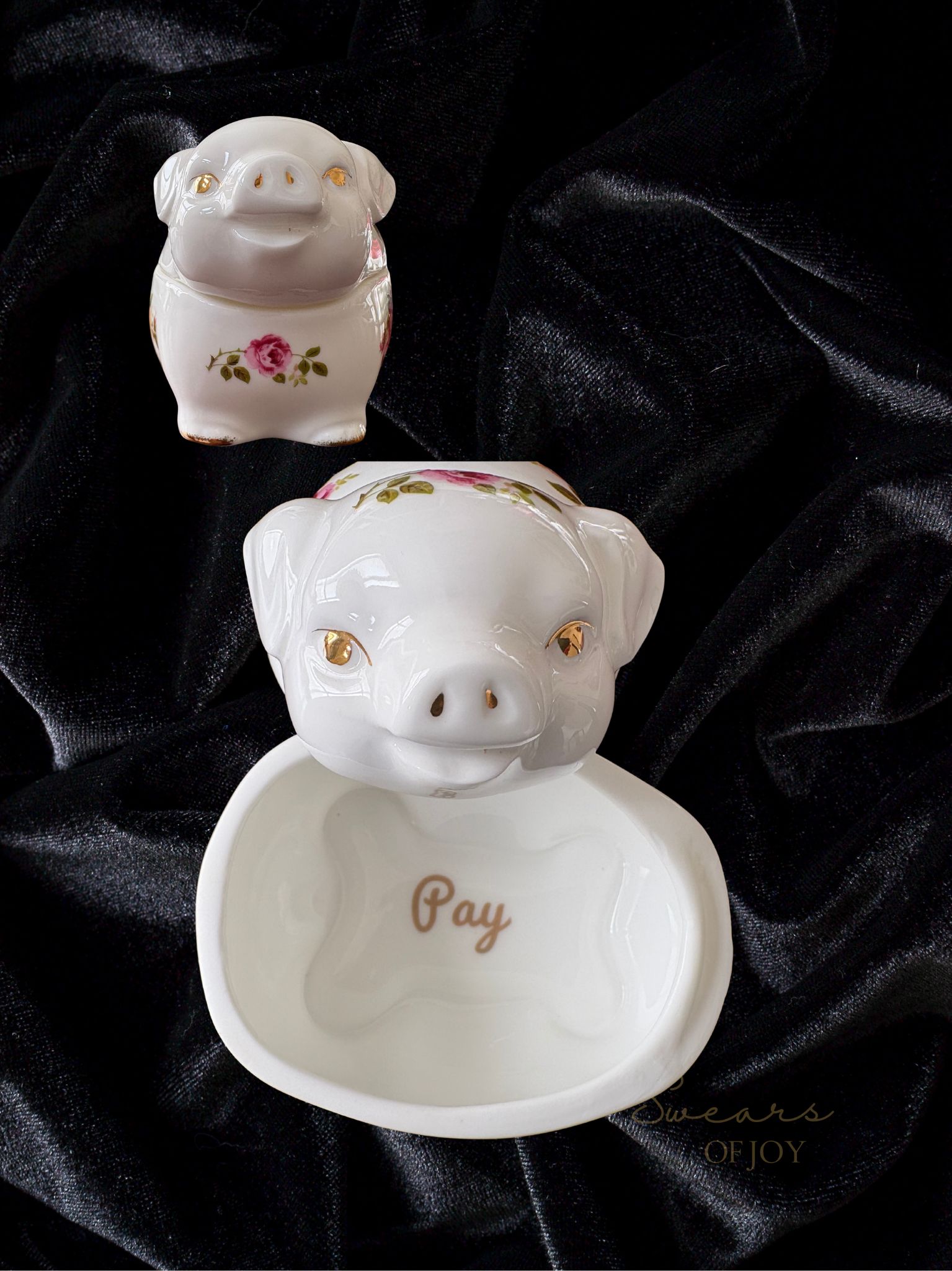 Set of Two Vintage Floral Pig Trinket Pots – “Pay” & “Roast?”