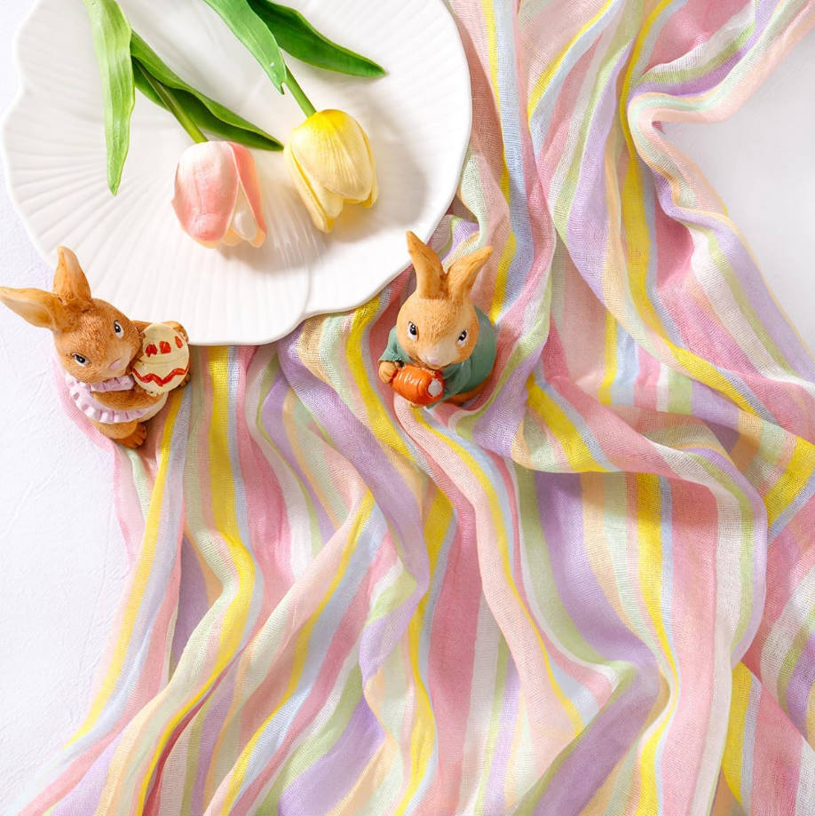 Summer Table Runner Pastel Stripe Floral Cheesecloth Gauze 120 Inch Rustic Boho Cheese Cloth Runner for Wedding Party Baby Bridal Shower Decoration Holiday Home Decorations