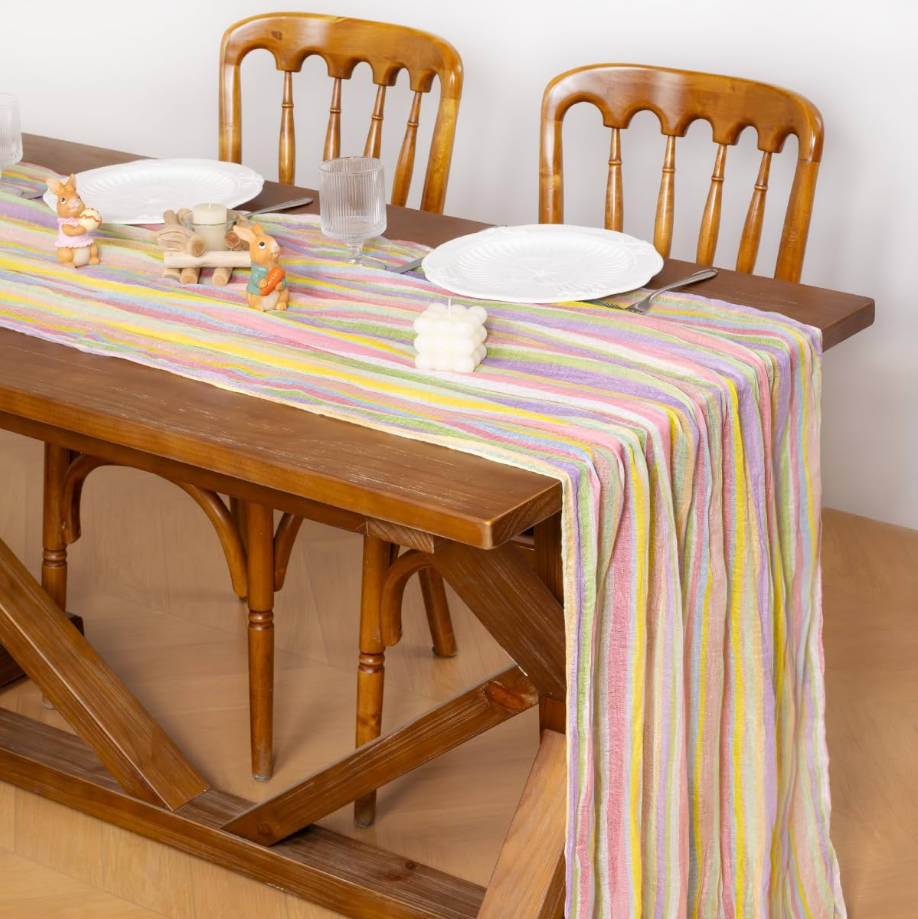 Summer Table Runner Pastel Stripe Floral Cheesecloth Gauze 120 Inch Rustic Boho Cheese Cloth Runner for Wedding Party Baby Bridal Shower Decoration Holiday Home Decorations