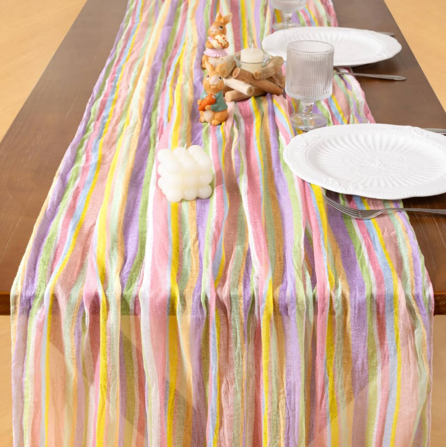 Summer Table Runner Pastel Stripe Floral Cheesecloth Gauze 120 Inch Rustic Boho Cheese Cloth Runner for Wedding Party Baby Bridal Shower Decoration Holiday Home Decorations