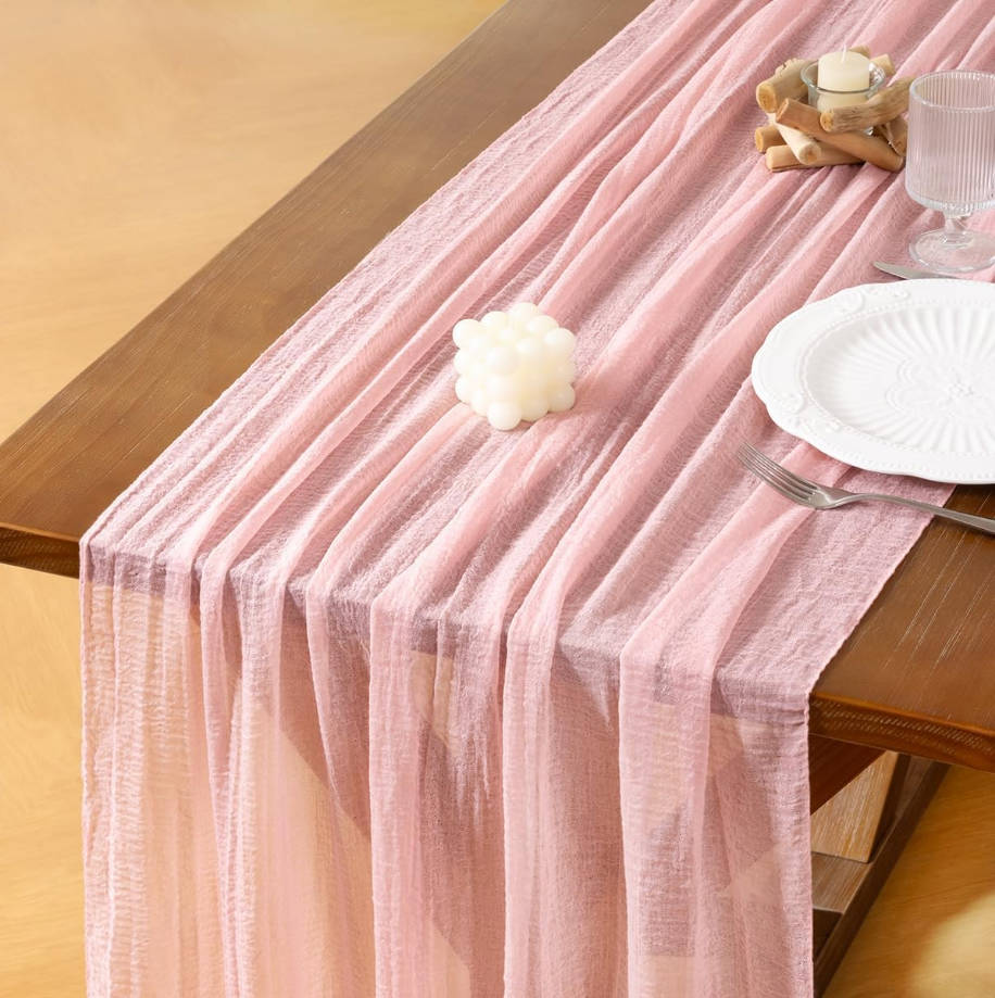 Pink Gauze Summer Cheesecloth Table Runner Blush 120 Inch Rustic Boho Cheese Cloth Runner for Wedding Party Baby Bridal Shower Centerpiece Decoration Holiday Home Decorations