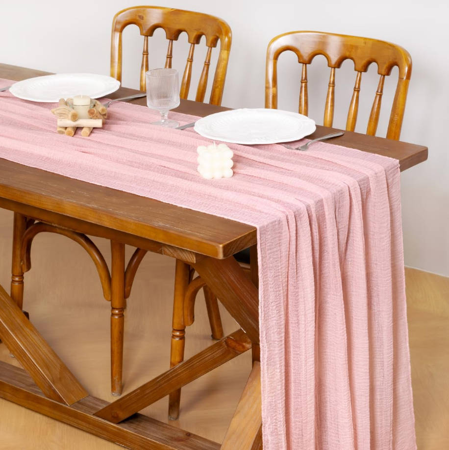 Pink Gauze Summer Cheesecloth Table Runner Blush 120 Inch Rustic Boho Cheese Cloth Runner for Wedding Party Baby Bridal Shower Centerpiece Decoration Holiday Home Decorations
