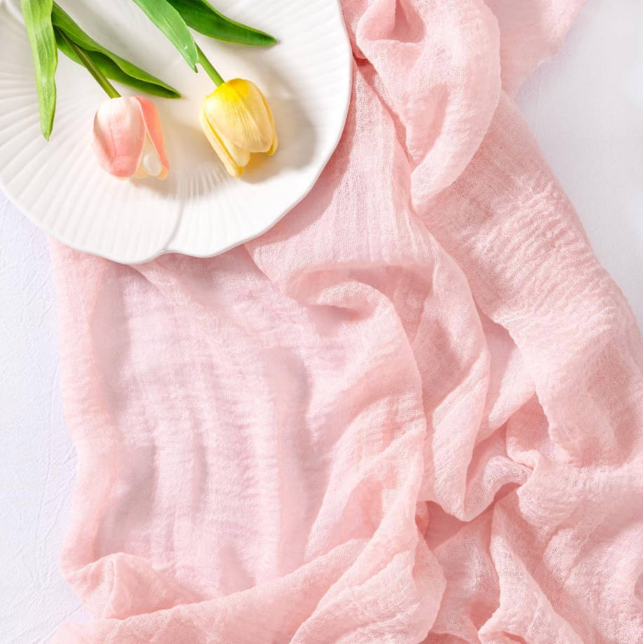 Pink Gauze Summer Cheesecloth Table Runner Blush 120 Inch Rustic Boho Cheese Cloth Runner for Wedding Party Baby Bridal Shower Centerpiece Decoration Holiday Home Decorations