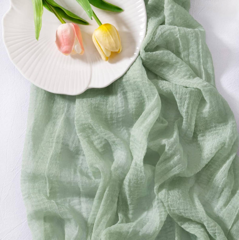 Sage Green Cheesecloth Table Runner Gauze Summer 120 Inch Rustic Boho Cheese Cloth Runner for Wedding Party Baby Bridal Shower Centerpiece Decoration Holiday Home Decorations