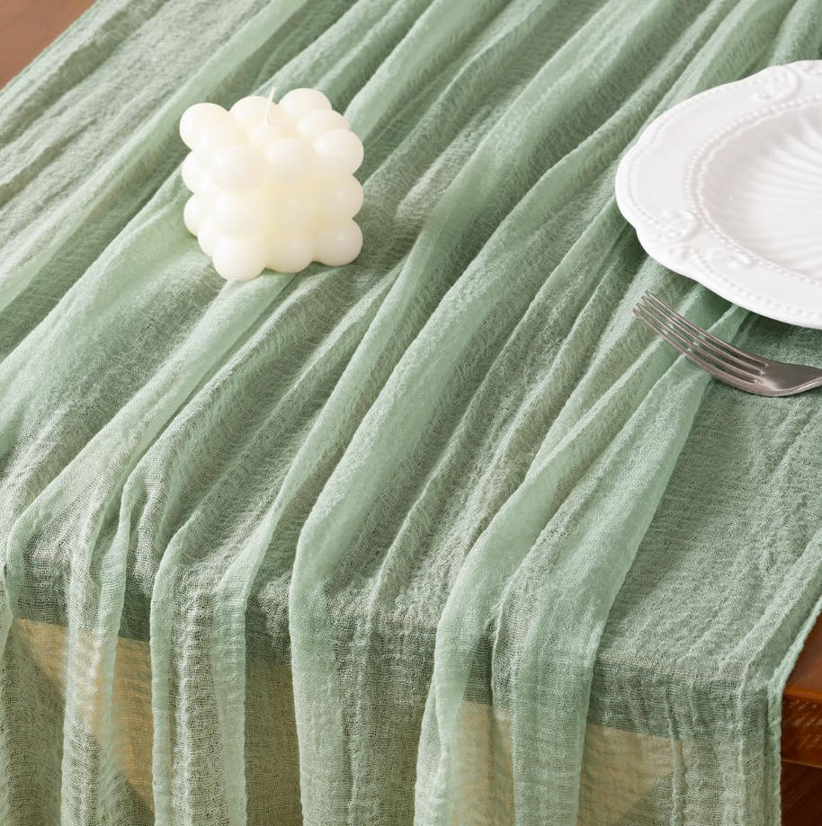 Sage Green Cheesecloth Table Runner Gauze Summer 120 Inch Rustic Boho Cheese Cloth Runner for Wedding Party Baby Bridal Shower Centerpiece Decoration Holiday Home Decorations
