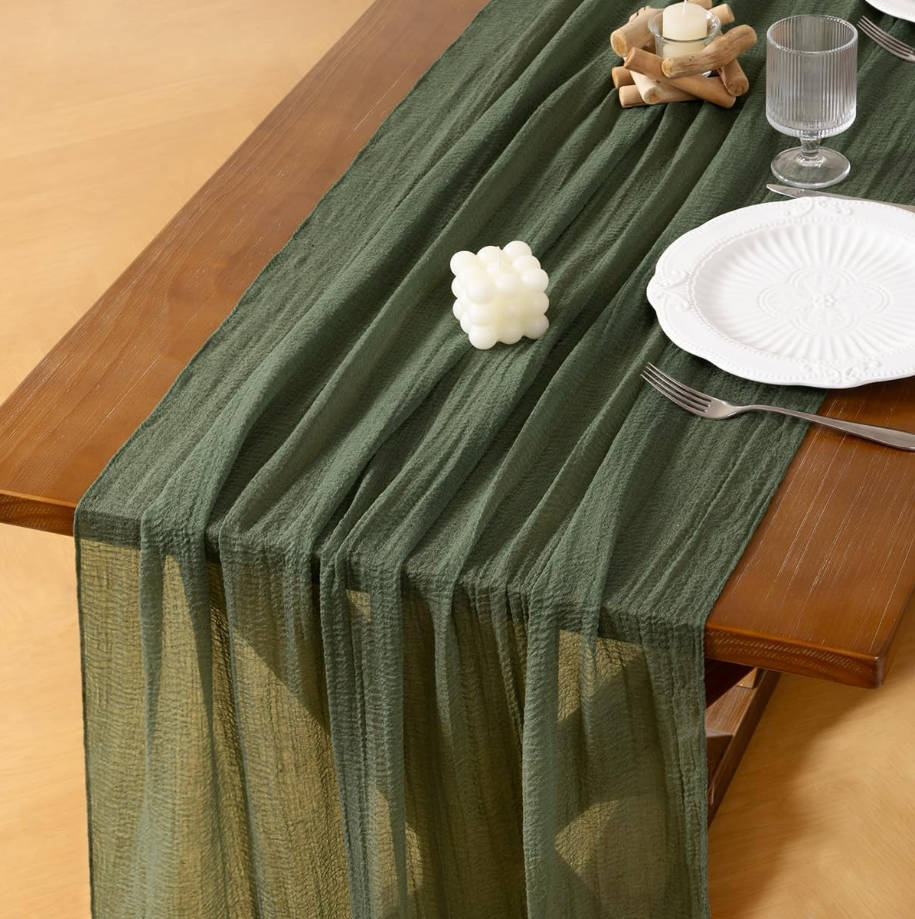 Green Cheesecloth Table Runner Olive Summer Gauze 120 Inch Rustic Boho Cheese Cloth Runner for Wedding Party Baby Bridal Shower Centerpiece Decoration Holiday Home Decorations