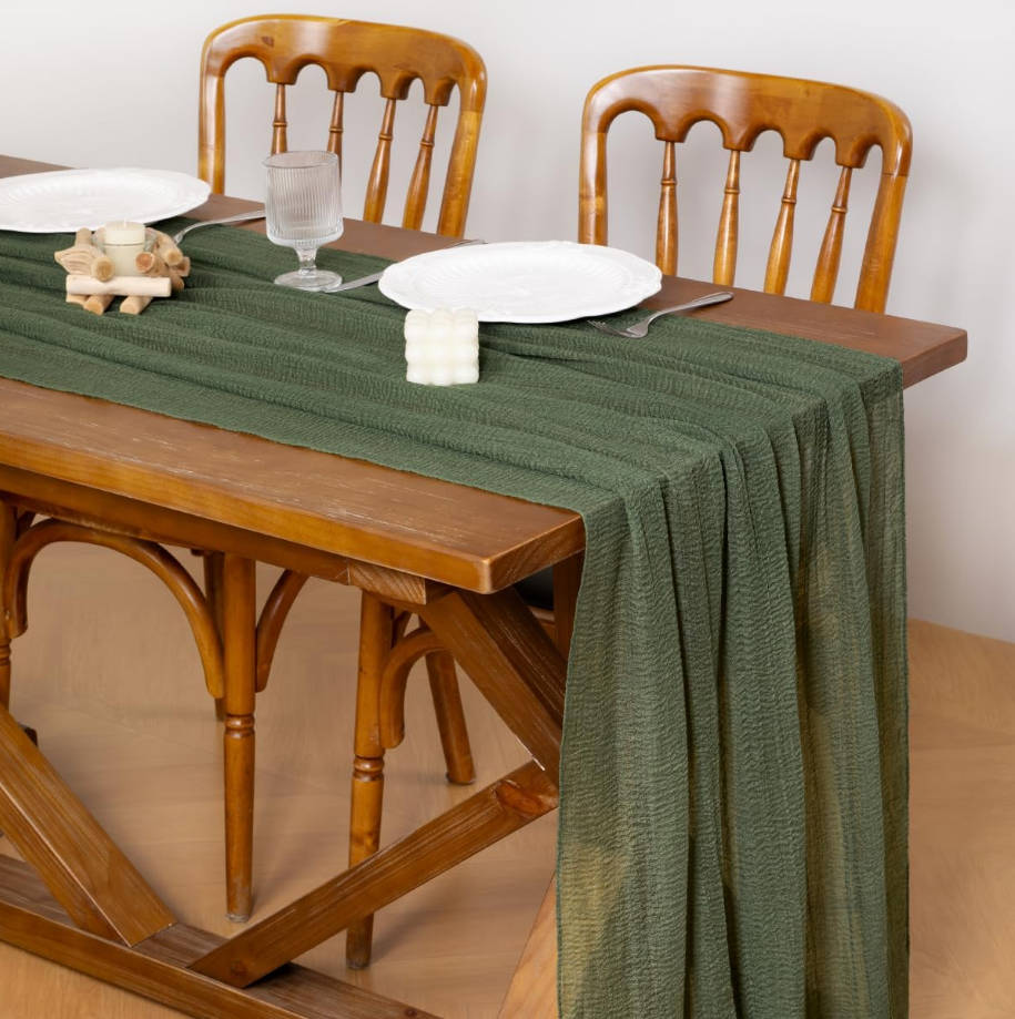 Green Cheesecloth Table Runner Olive Summer Gauze 120 Inch Rustic Boho Cheese Cloth Runner for Wedding Party Baby Bridal Shower Centerpiece Decoration Holiday Home Decorations