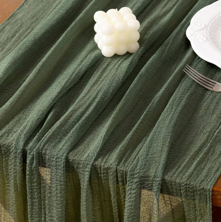 Green Cheesecloth Table Runner Olive Summer Gauze 120 Inch Rustic Boho Cheese Cloth Runner for Wedding Party Baby Bridal Shower Centerpiece Decoration Holiday Home Decorations