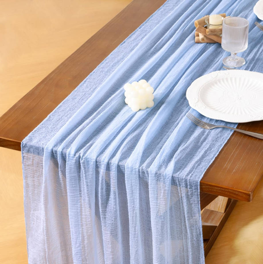 Blue Summer Gauze Cheesecloth Table Runner 120 Inch Rustic Boho Cheese Cloth Runner for Wedding Party Baby Bridal Shower Centerpiece Decoration Holiday Home Decorations