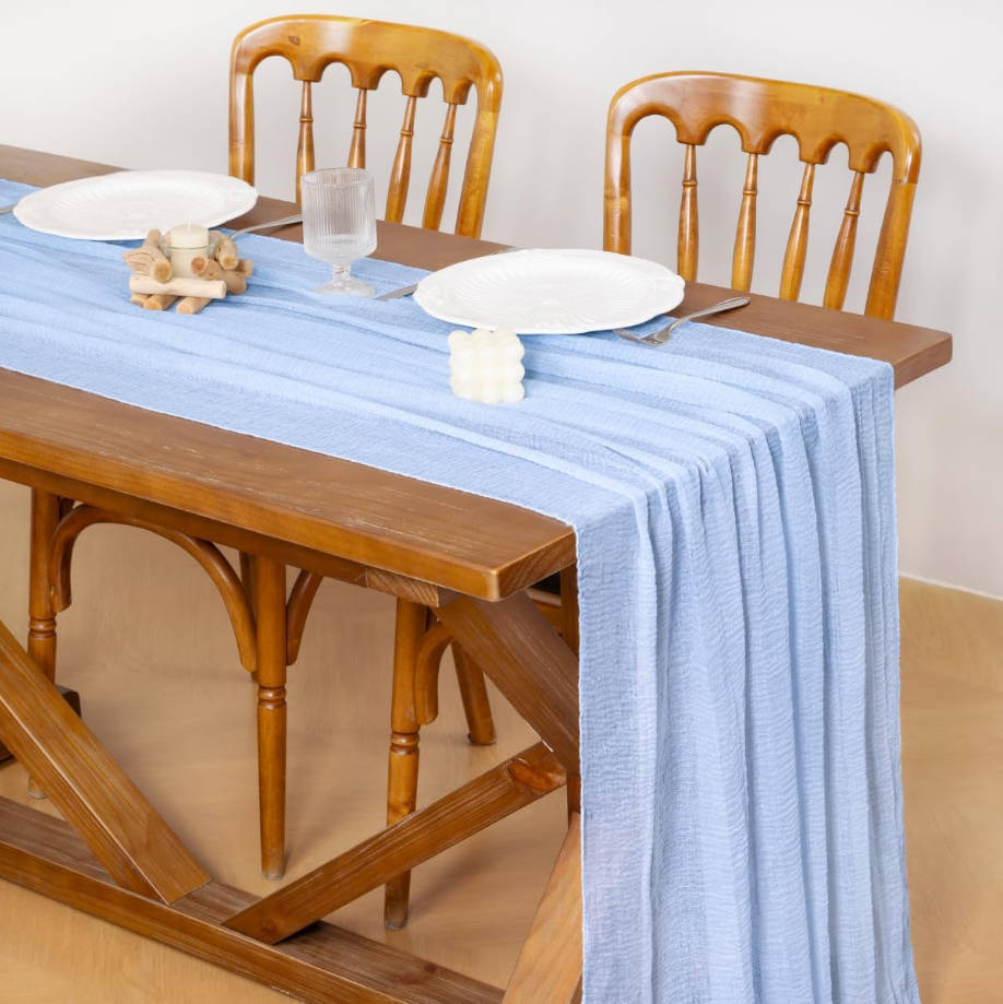 Blue Summer Gauze Cheesecloth Table Runner 120 Inch Rustic Boho Cheese Cloth Runner for Wedding Party Baby Bridal Shower Centerpiece Decoration Holiday Home Decorations