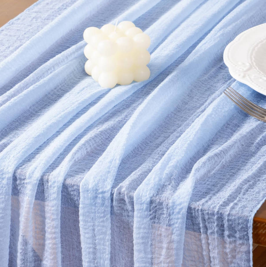 Blue Summer Gauze Cheesecloth Table Runner 120 Inch Rustic Boho Cheese Cloth Runner for Wedding Party Baby Bridal Shower Centerpiece Decoration Holiday Home Decorations