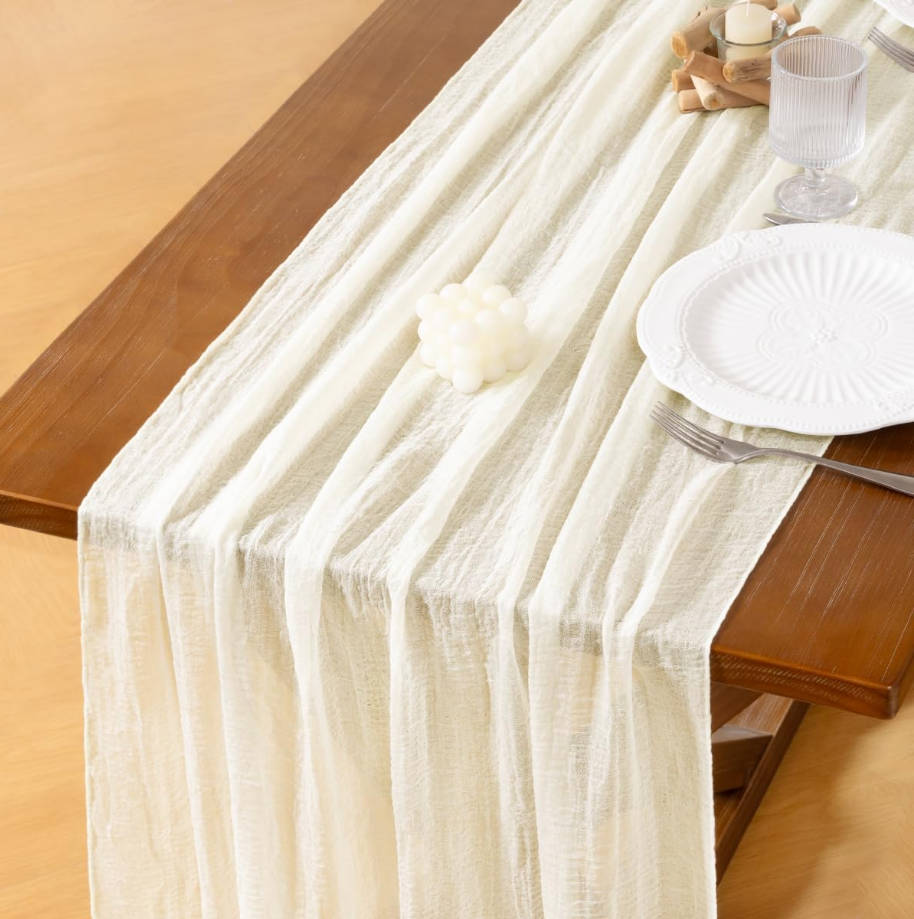Ivory White Cheesecloth Table Runner Summer Gauze 120 Inch Rustic Boho Cheese Cloth Runner for Wedding Party Baby Bridal Shower Centerpiece Decoration Holiday Home Decorations
