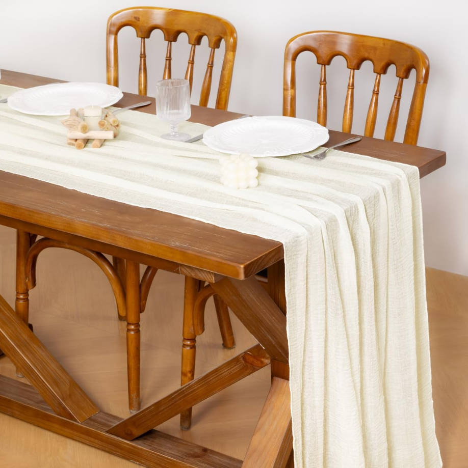 Ivory White Cheesecloth Table Runner Summer Gauze 120 Inch Rustic Boho Cheese Cloth Runner for Wedding Party Baby Bridal Shower Centerpiece Decoration Holiday Home Decorations