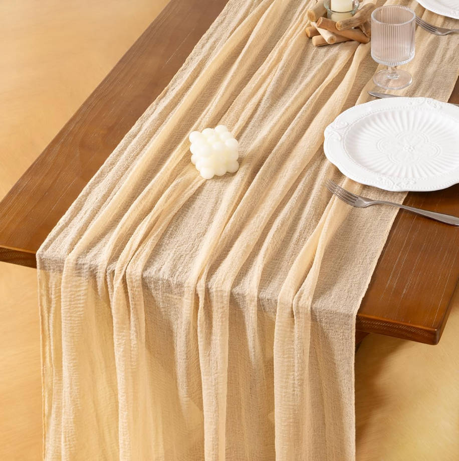  Beige Cheesecloth Table Runner Summer Gauze 120 Inch Rustic Boho Cheese Cloth Runner for Wedding Party Baby Bridal Shower Centerpiece Decoration Holiday Home Decorations