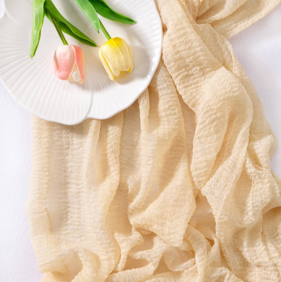  Beige Cheesecloth Table Runner Summer Gauze 120 Inch Rustic Boho Cheese Cloth Runner for Wedding Party Baby Bridal Shower Centerpiece Decoration Holiday Home Decorations