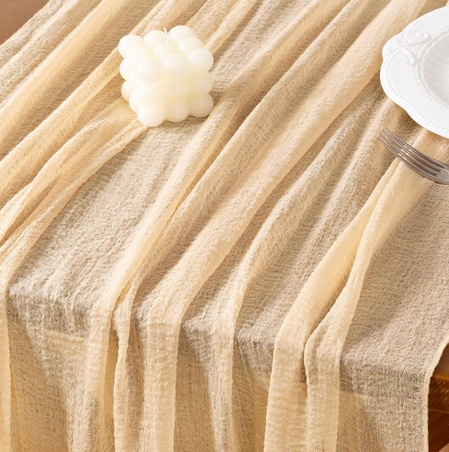 Beige Cheesecloth Table Runner Summer Gauze 120 Inch Rustic Boho Cheese Cloth Runner for Wedding Party Baby Bridal Shower Centerpiece Decoration Holiday Home Decorations