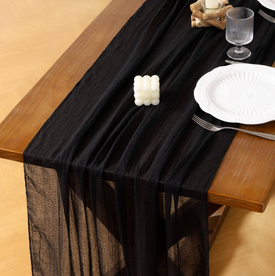 Black Cheesecloth Table Runner Summer Gauze 120 Inch Rustic Boho Cheese Cloth Runner for Wedding Party Baby Bridal Shower Centerpiece Decoration Holiday Home Decorations