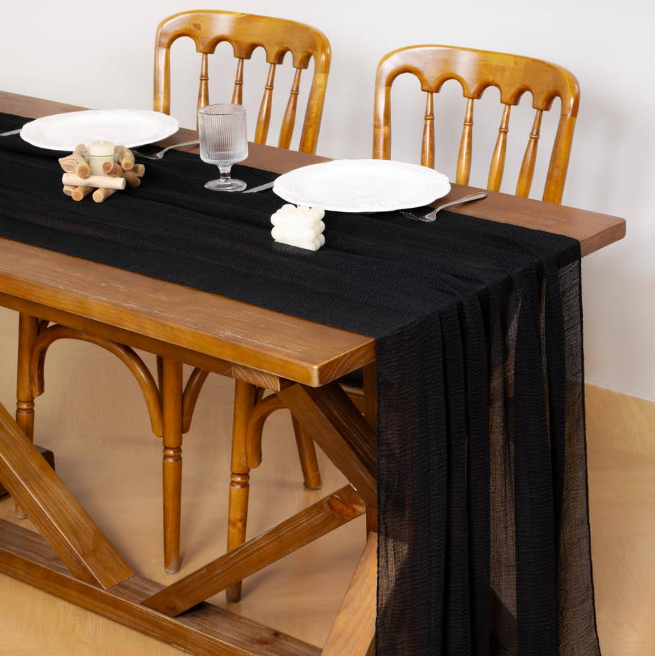 Black Cheesecloth Table Runner Summer Gauze 120 Inch Rustic Boho Cheese Cloth Runner for Wedding Party Baby Bridal Shower Centerpiece Decoration Holiday Home Decorations