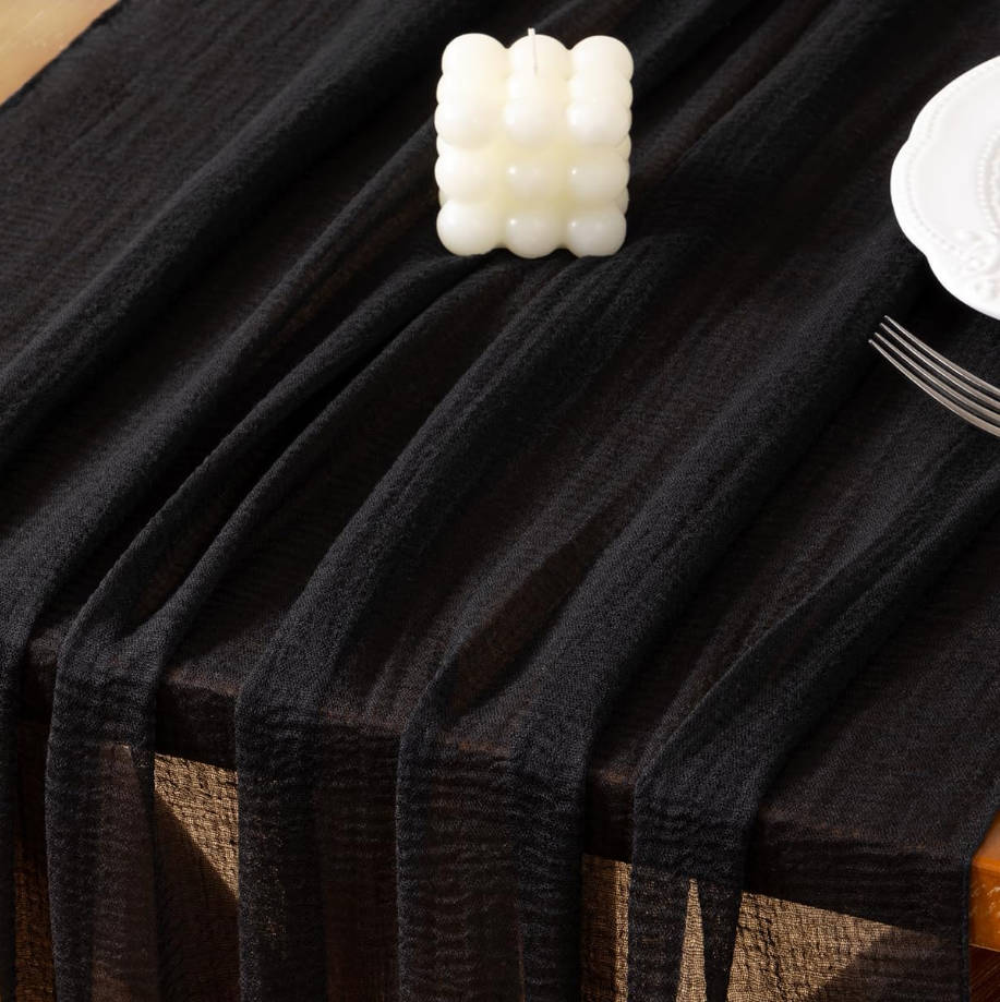 Black Cheesecloth Table Runner Summer Gauze 120 Inch Rustic Boho Cheese Cloth Runner for Wedding Party Baby Bridal Shower Centerpiece Decoration Holiday Home Decorations
