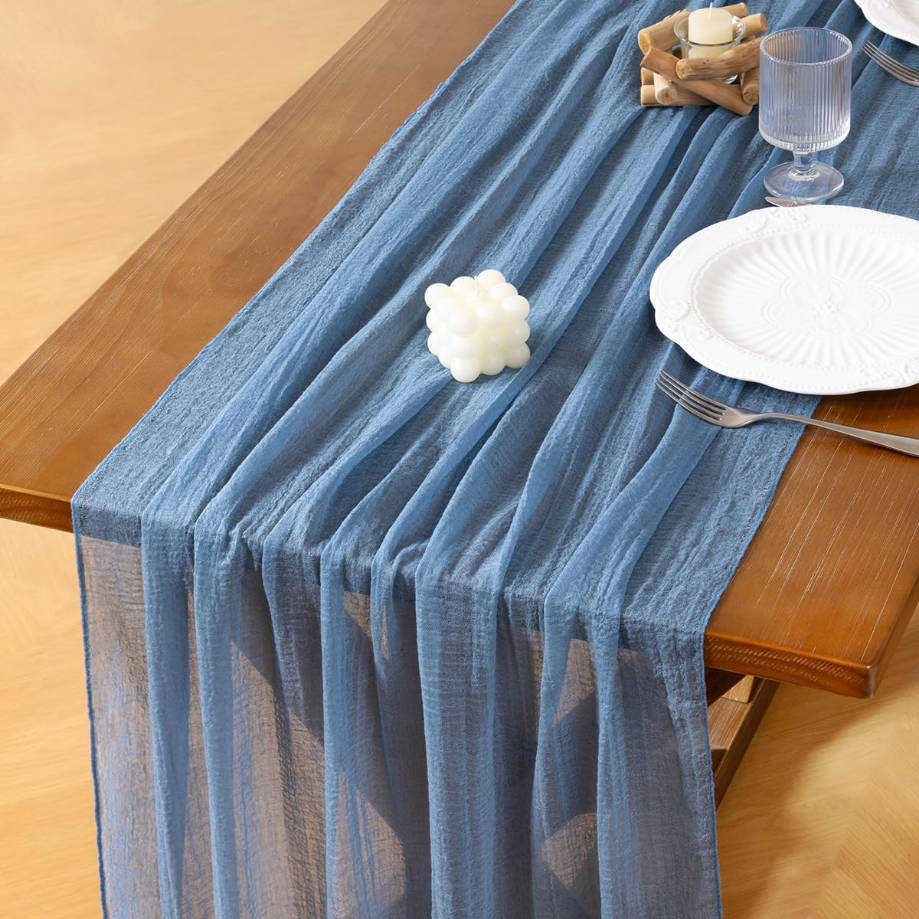 Dusty Blue Summer Gauze Cheesecloth Table Runner 120 Inch Rustic Boho Cheese Cloth Runner for Wedding Party Baby Bridal Shower Centerpiece Decoration Holiday Home Decorations
