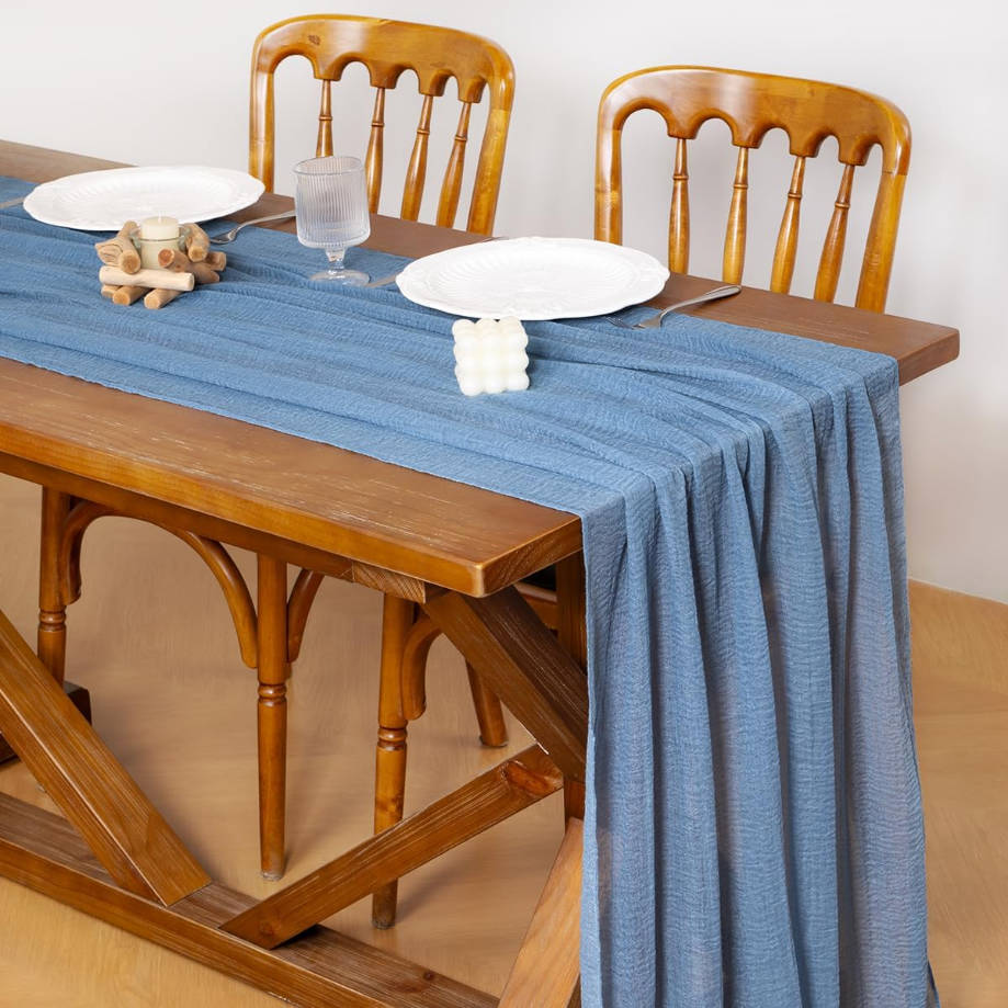 Dusty Blue Summer Gauze Cheesecloth Table Runner 120 Inch Rustic Boho Cheese Cloth Runner for Wedding Party Baby Bridal Shower Centerpiece Decoration Holiday Home Decorations