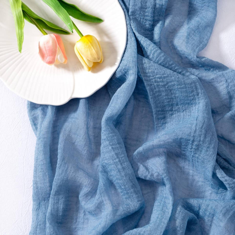 Dusty Blue Summer Gauze Cheesecloth Table Runner 120 Inch Rustic Boho Cheese Cloth Runner for Wedding Party Baby Bridal Shower Centerpiece Decoration Holiday Home Decorations