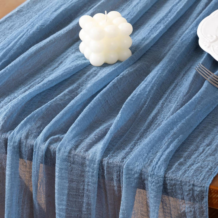 Dusty Blue Summer Gauze Cheesecloth Table Runner 120 Inch Rustic Boho Cheese Cloth Runner for Wedding Party Baby Bridal Shower Centerpiece Decoration Holiday Home Decorations