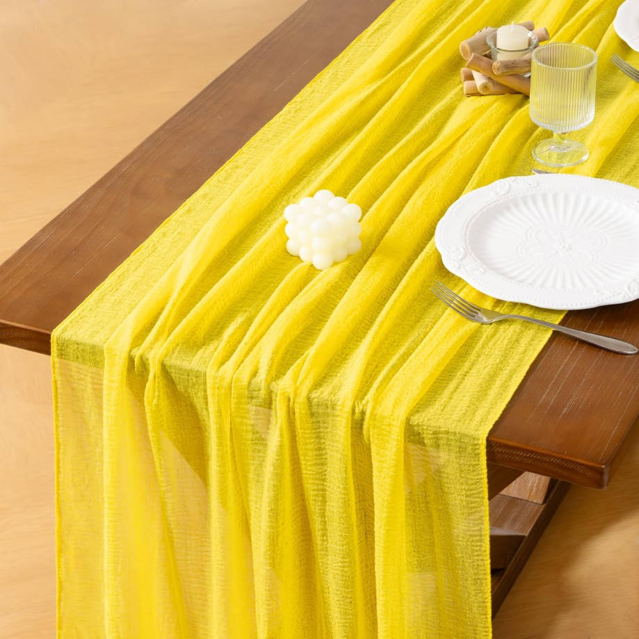 Yellow Cheesecloth Table Runner Summer Gauze 120 Inch Rustic Boho Cheese Cloth Runner for Wedding Party Baby Bridal Shower Centerpiece Decoration Holiday Home Decorations