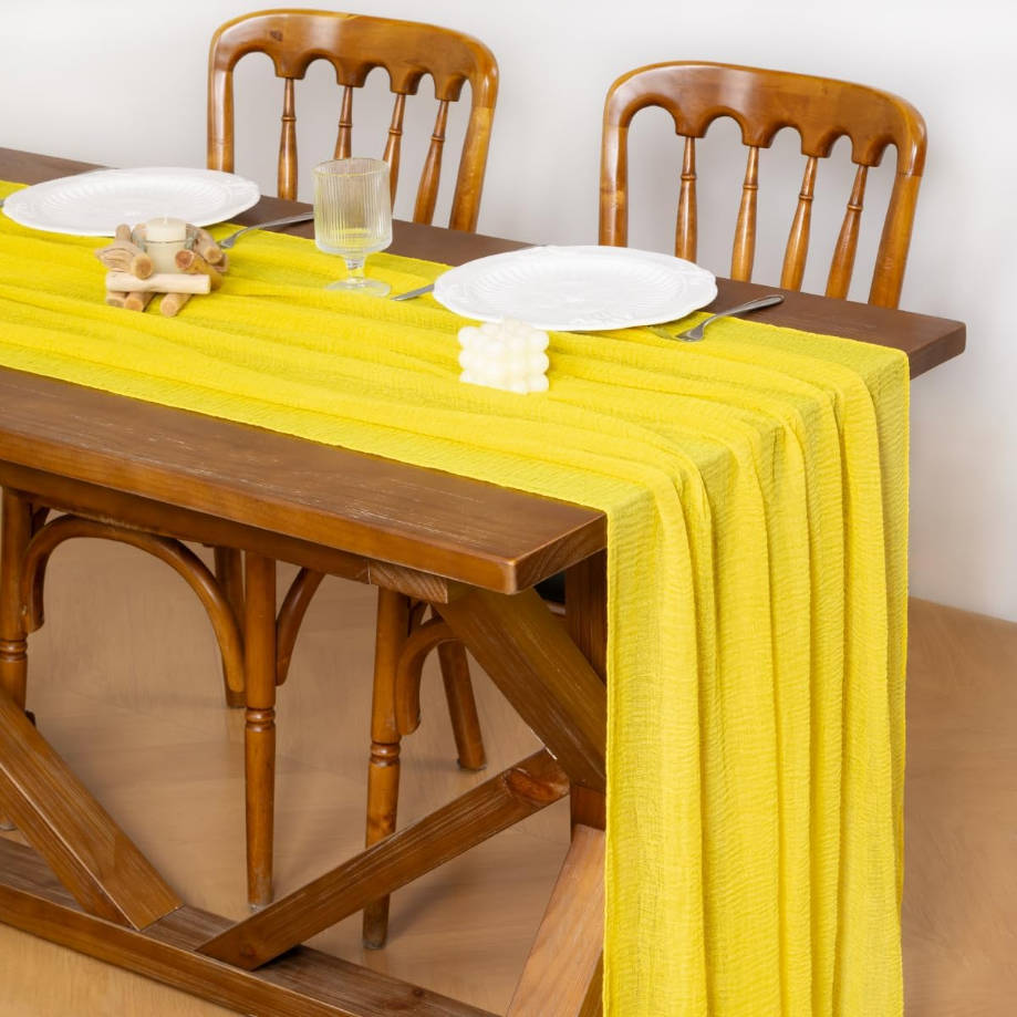 Yellow Cheesecloth Table Runner Summer Gauze 120 Inch Rustic Boho Cheese Cloth Runner for Wedding Party Baby Bridal Shower Centerpiece Decoration Holiday Home Decorations