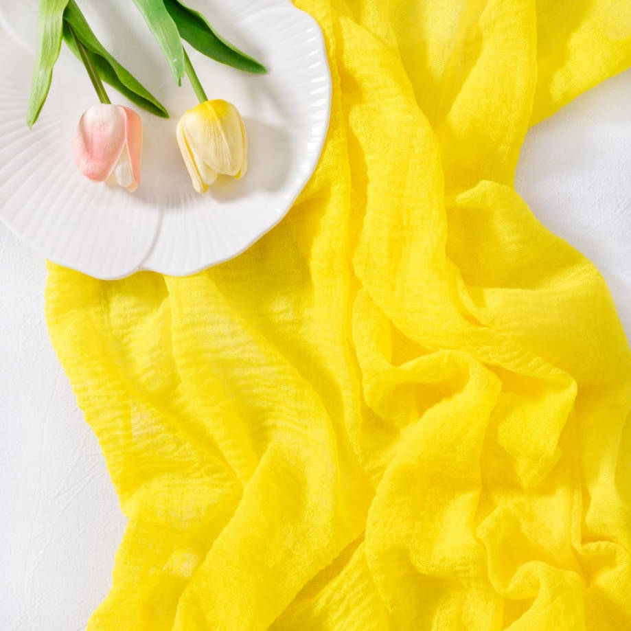 Yellow Cheesecloth Table Runner Summer Gauze 120 Inch Rustic Boho Cheese Cloth Runner for Wedding Party Baby Bridal Shower Centerpiece Decoration Holiday Home Decorations