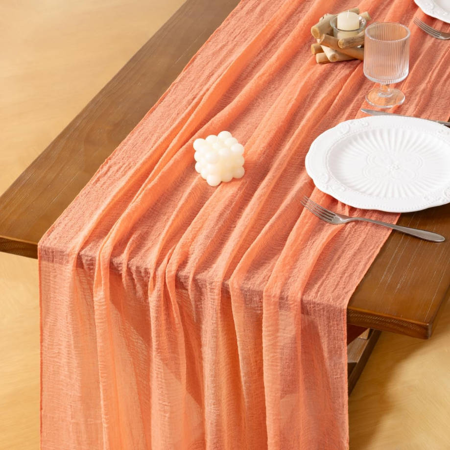 Peach Summer Gauze Cheesecloth Table Runner 120 Inch Rustic Boho Cheese Cloth Runner for Wedding Party Baby Bridal Shower Centerpiece Decoration Holiday Home Decorations