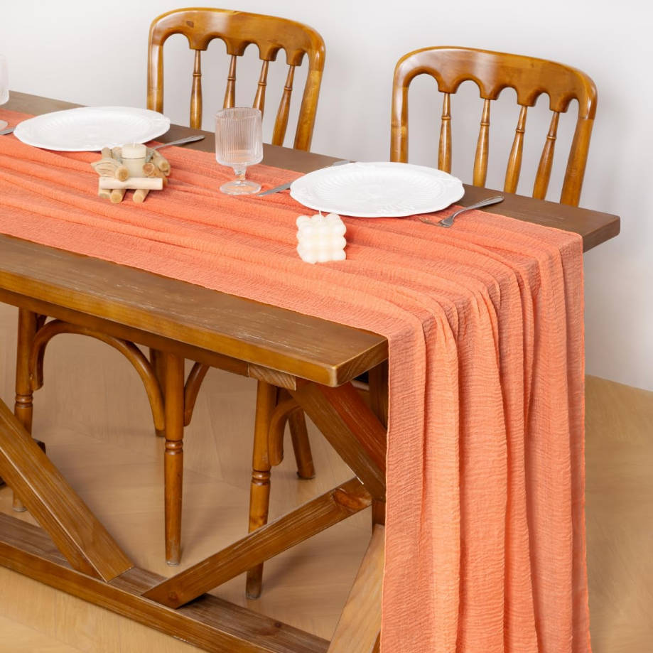 Peach Summer Gauze Cheesecloth Table Runner 120 Inch Rustic Boho Cheese Cloth Runner for Wedding Party Baby Bridal Shower Centerpiece Decoration Holiday Home Decorations
