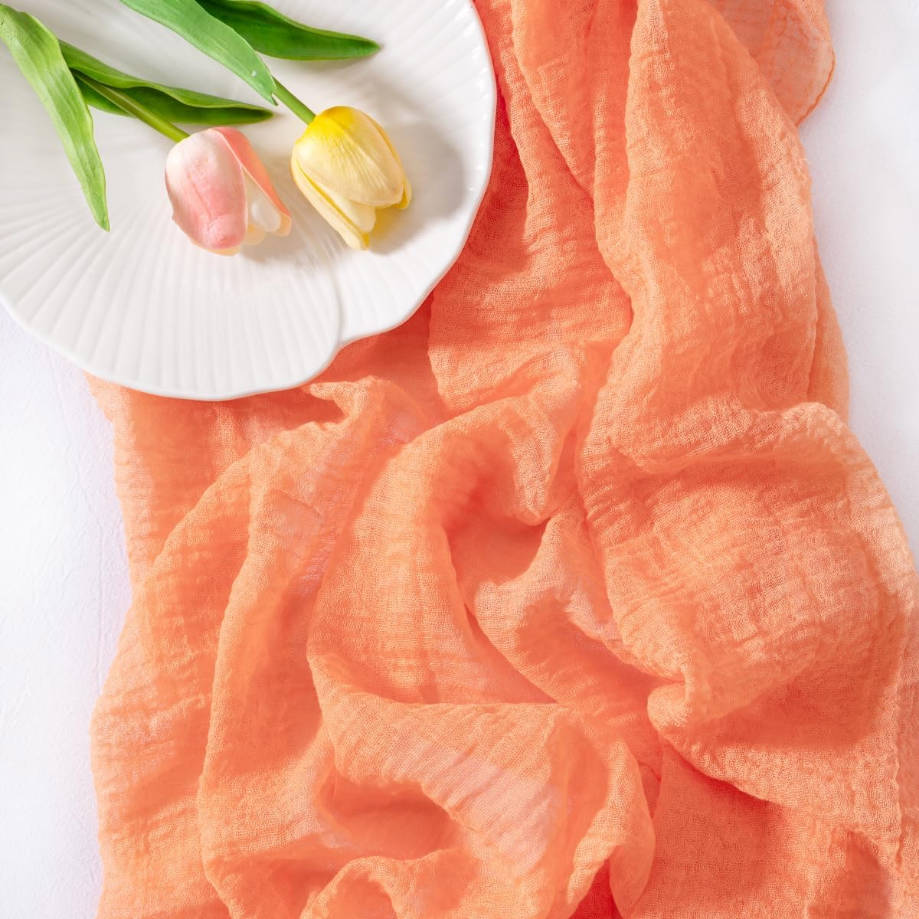 Peach Summer Gauze Cheesecloth Table Runner 120 Inch Rustic Boho Cheese Cloth Runner for Wedding Party Baby Bridal Shower Centerpiece Decoration Holiday Home Decorations