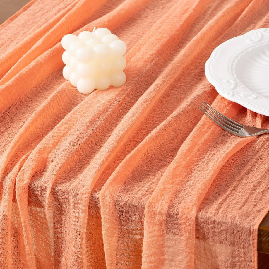 Peach Summer Gauze Cheesecloth Table Runner 120 Inch Rustic Boho Cheese Cloth Runner for Wedding Party Baby Bridal Shower Centerpiece Decoration Holiday Home Decorations