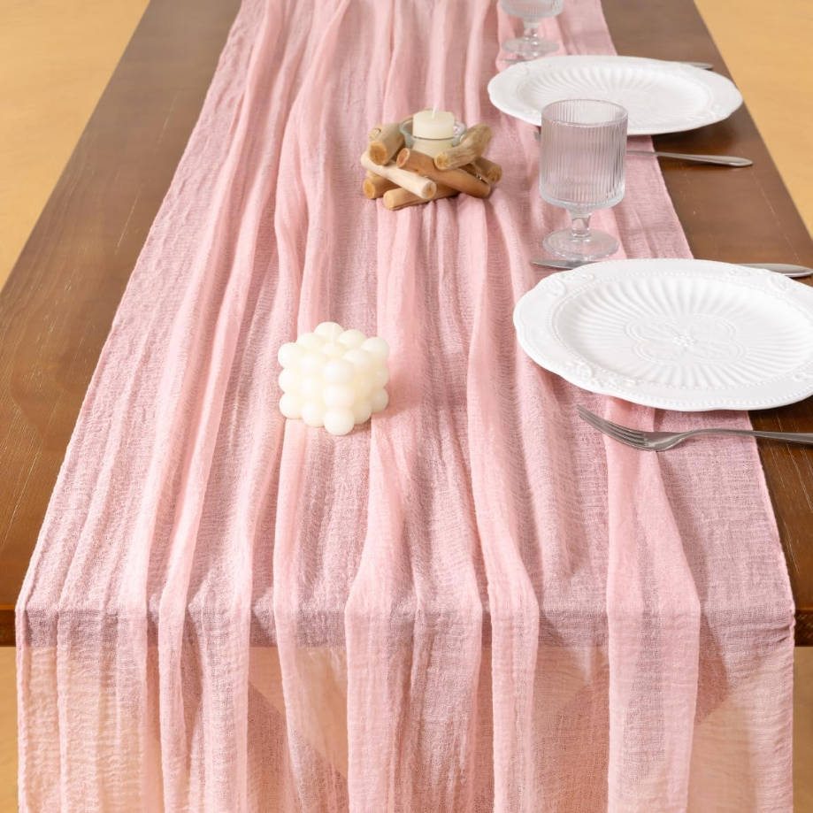 3pcs Pink Gauze Summer Cheesecloth Table Runner Blush 120 Inch Rustic Boho Cheese Cloth Runner for Wedding Party Baby Bridal Shower Centerpiece Decoration Holiday Home Decorations