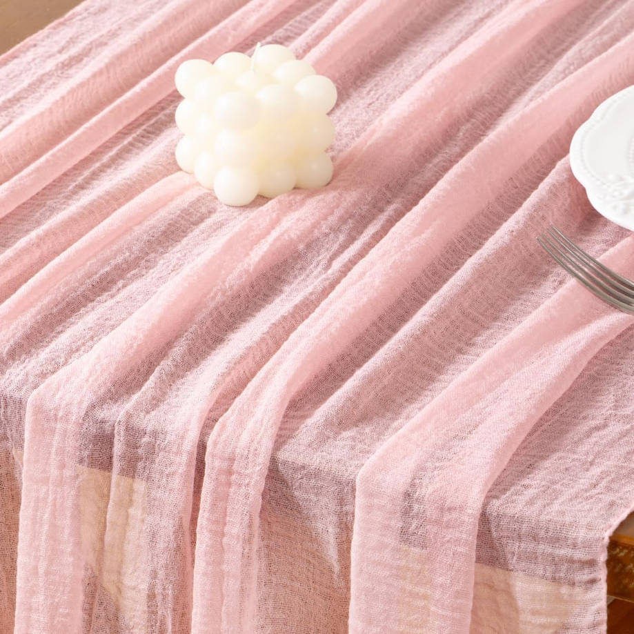 3pcs Pink Gauze Summer Cheesecloth Table Runner Blush 120 Inch Rustic Boho Cheese Cloth Runner for Wedding Party Baby Bridal Shower Centerpiece Decoration Holiday Home Decorations
