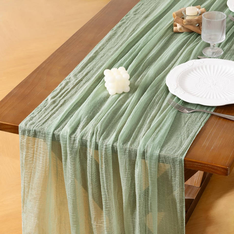 3pcs Sage Green Cheesecloth Table Runner Gauze Summer 120 Inch Rustic Boho Cheese Cloth Runner for Wedding Party Baby Bridal Shower Centerpiece Decoration Holiday Home Decorations