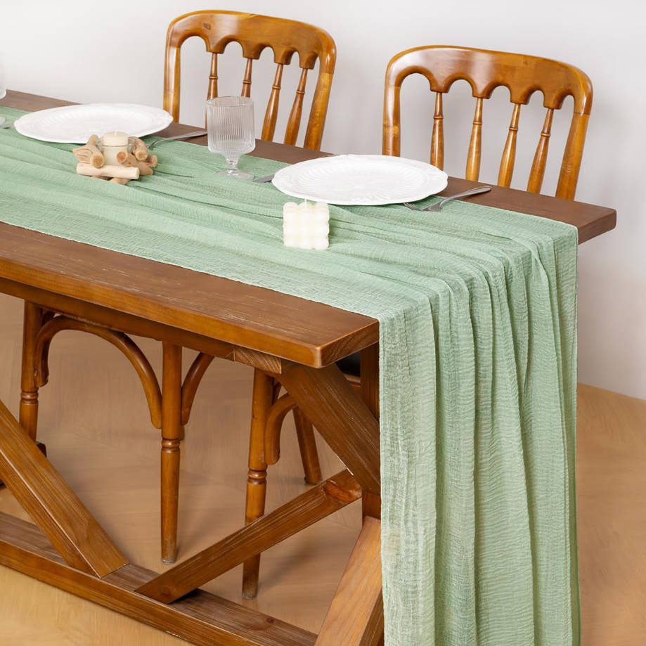 3pcs Sage Green Cheesecloth Table Runner Gauze Summer 120 Inch Rustic Boho Cheese Cloth Runner for Wedding Party Baby Bridal Shower Centerpiece Decoration Holiday Home Decorations
