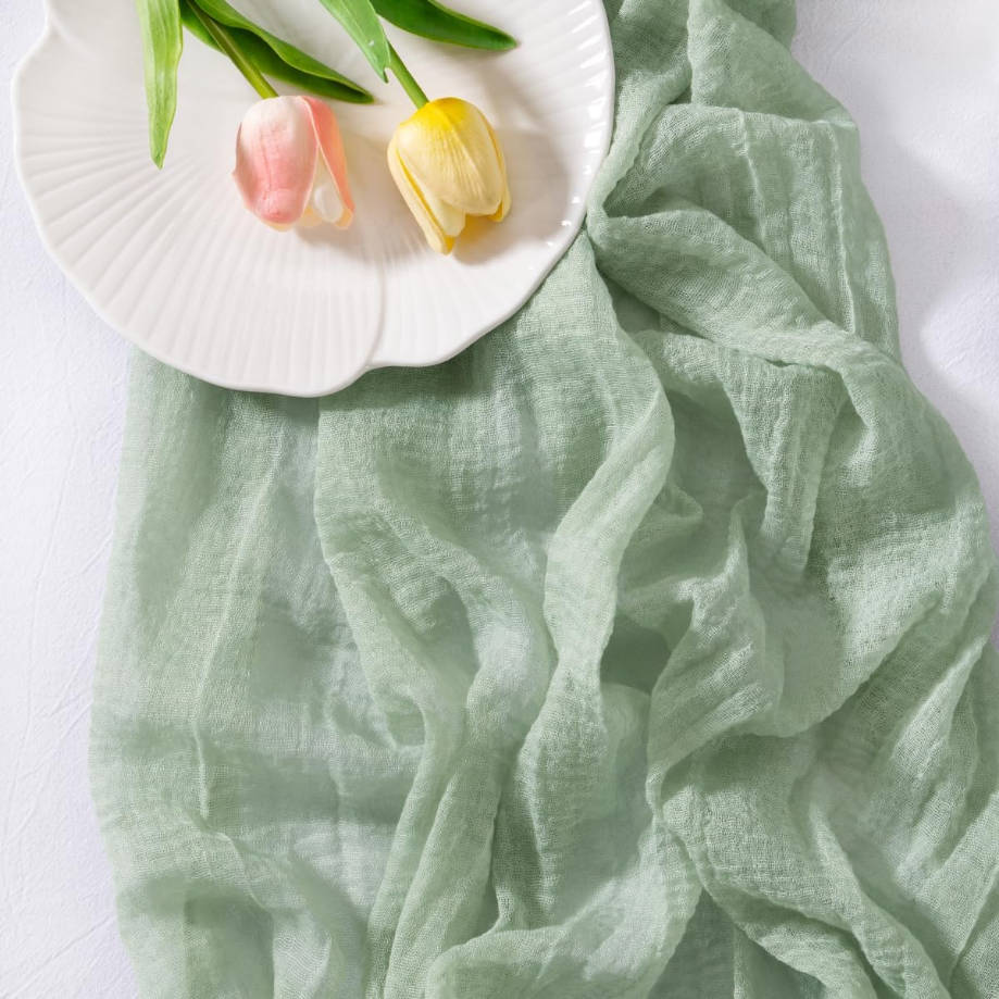3pcs Sage Green Cheesecloth Table Runner Gauze Summer 120 Inch Rustic Boho Cheese Cloth Runner for Wedding Party Baby Bridal Shower Centerpiece Decoration Holiday Home Decorations