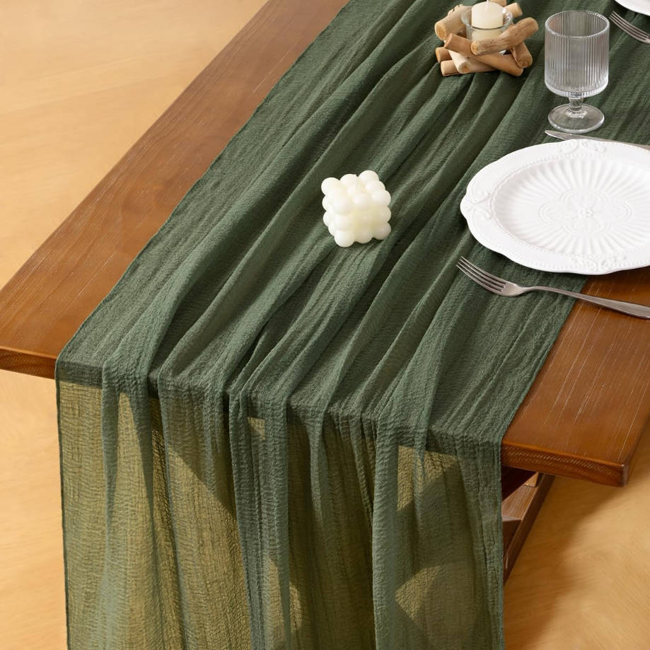 3pcs Green Cheesecloth Table Runner Olive Summer Gauze 120 Inch Rustic Boho Cheese Cloth Runner for Wedding Party Baby Bridal Shower Centerpiece Decoration Holiday Home Decorations