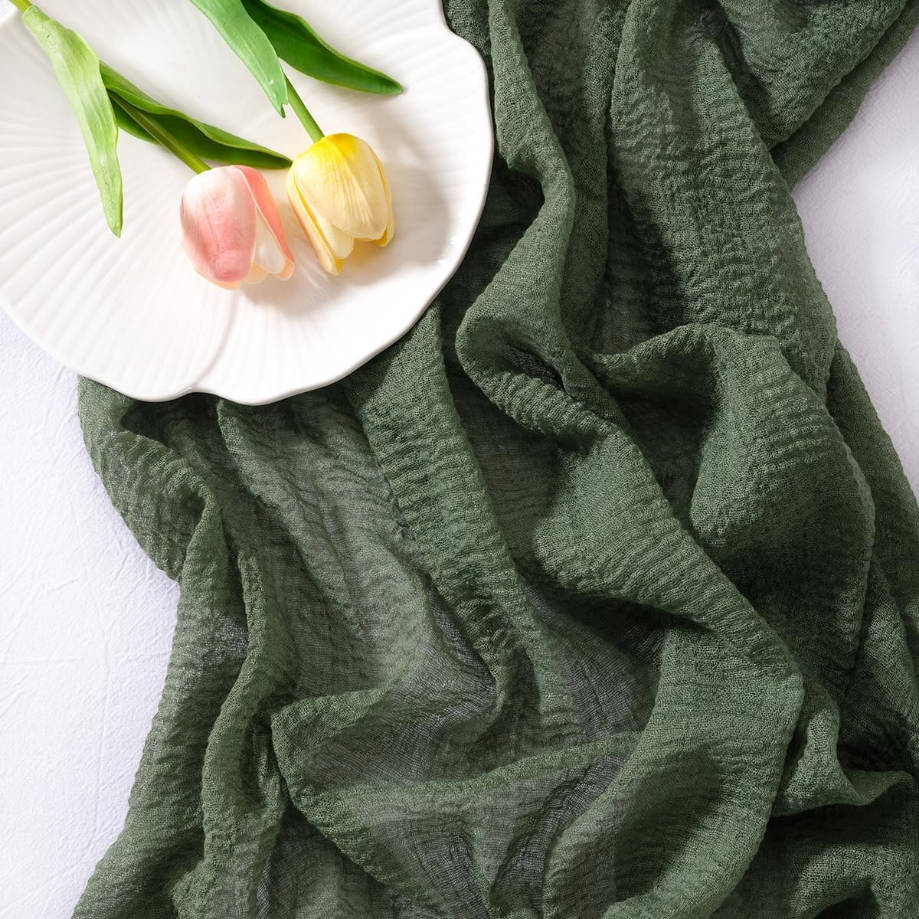 3pcs Green Cheesecloth Table Runner Olive Summer Gauze 120 Inch Rustic Boho Cheese Cloth Runner for Wedding Party Baby Bridal Shower Centerpiece Decoration Holiday Home Decorations
