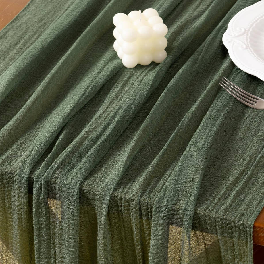 3pcs Green Cheesecloth Table Runner Olive Summer Gauze 120 Inch Rustic Boho Cheese Cloth Runner for Wedding Party Baby Bridal Shower Centerpiece Decoration Holiday Home Decorations