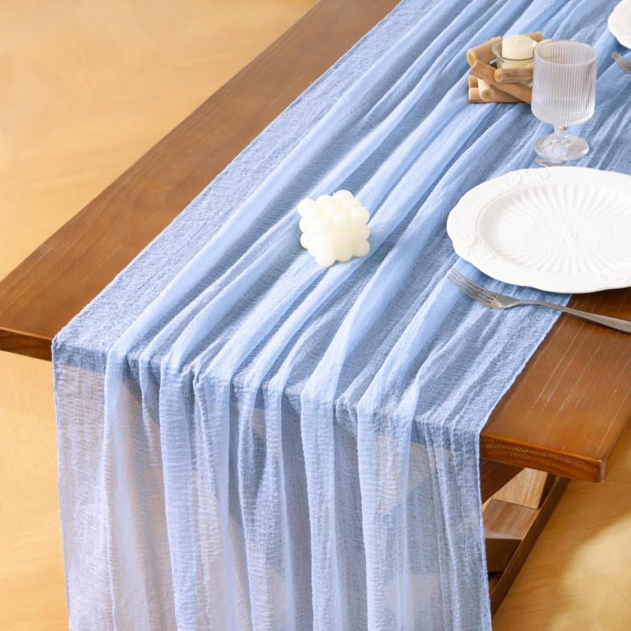 3pcs Blue Summer Gauze Cheesecloth Table Runner 120 Inch Rustic Boho Cheese Cloth Runner for Wedding Party Baby Bridal Shower Centerpiece Decoration Holiday Home Decorations