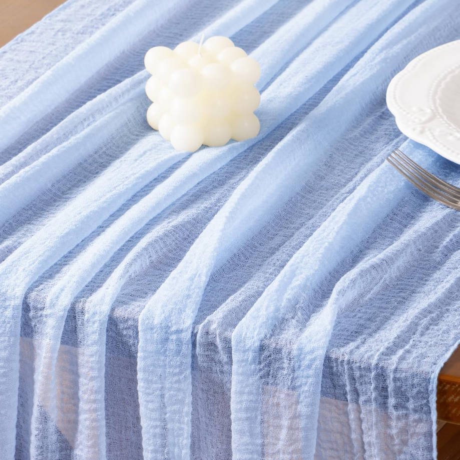 3pcs Blue Summer Gauze Cheesecloth Table Runner 120 Inch Rustic Boho Cheese Cloth Runner for Wedding Party Baby Bridal Shower Centerpiece Decoration Holiday Home Decorations