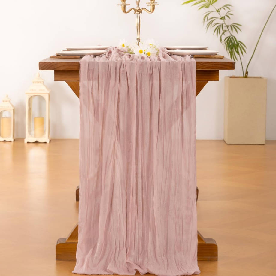 Pink Cheesecloth Table Runner Summer Boho Rustic Gauze Dusty Pink Farmhouse 120 inch 10FT Cheese Cloth Runner for Wedding Party Baby Shower Birthday Home Decor Holiday Decorations