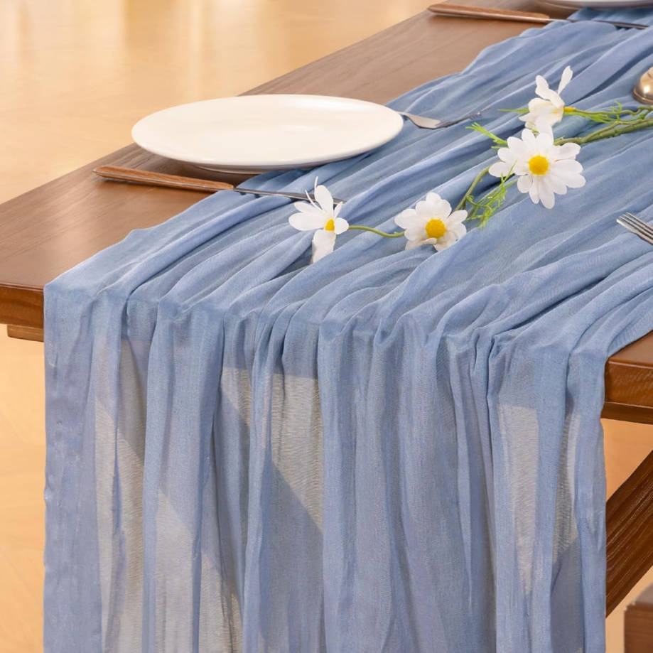 Dusty Blue Summer Cheesecloth Table Runner Boho Rustic Gauze 120 inch 10FT Cheese Cloth Runner for Wedding Party Baby Shower Birthday Home Decor Holiday