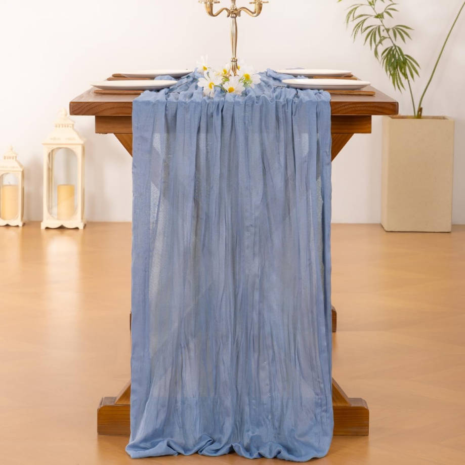 Dusty Blue Summer Cheesecloth Table Runner Boho Rustic Gauze 120 inch 10FT Cheese Cloth Runner for Wedding Party Baby Shower Birthday Home Decor Holiday